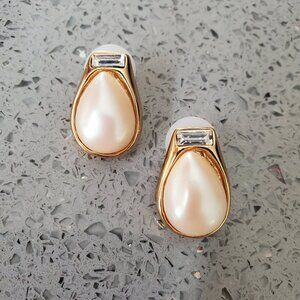 Signed Richelieu Faux Pearl  and Clear Baguette Rhinestone Earrings